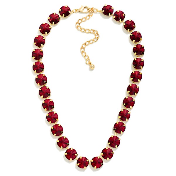 Crystal Cup Chain Necklace lined with large round glass crystals in polished prong settings for bold, glamorous sparkle. The uniform stone design looks elegant on its own and layers beautifully with pendants and fine chains. A lobster clasp and extender chain allow an easy, adjustable fit. Crystal statement necklaces are a holiday essential and sell quickly for events, gifting, and New Year's celebrations.