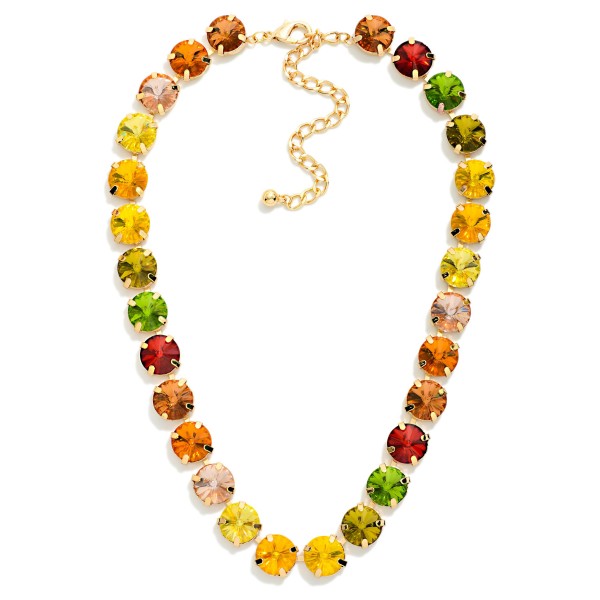Crystal Cup Chain Necklace lined with large round glass crystals in polished prong settings for bold, glamorous sparkle. The mixed stone design adds warmth to fall outfits and holiday party looks. A lobster clasp and extender chain allow an easy, adjustable fit. Statement crystal necklaces are a holiday essential and sell quickly for events, gifting, and New Year's celebrations.