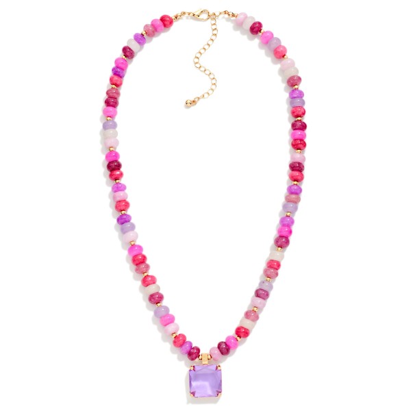 Beaded Crystal Pendant Necklace strung with faceted rondelle beads in a blended mix and finished with a square cut crystal drop at the center. The sparkly beads and jewel pendant add instant polish to tees, sweaters and dresses, with an extender for easy sizing. A pretty pick for holiday parties, birthdays and everyday shine. Merchandise several colorways together for a bold, giftable display.