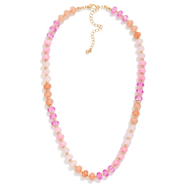 Faceted Rondelle Bead Necklace strung with a mix of sparkling glass crystal beads, finished with tiny metal spacers and a lobster clasp with extender. The faceted beads catch the light from every angle for an easy dose of shine. Great for layering with chains or wearing alone for holiday parties and everyday outfits. A beaded staple that sells in multiples when merchandised as a set.