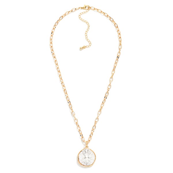 Crystal Solitaire Pendant Necklace with a large round faceted crystal set in a polished bezel on a dainty paperclip chain. The single stone brings real sparkle without feeling fussy, and an extender keeps the length adjustable. Pretty for holiday parties, bridesmaid gifts and everyday wear. A timeless silhouette boutique customers come back for every season.