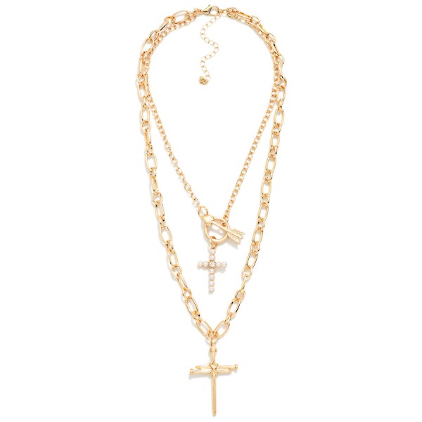 Double Layer Cross Necklace pairing a sparkling chain with a toggle accent and petite cross over a bold figaro chain with a larger cross pendant. Already layered for a polished stacked look, with an extender to adjust the fit. Made for Christmas, Easter, Sunday service and everyday faith style. Two crosses on one easy piece means a quick yes from shoppers at the counter.