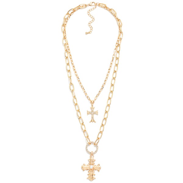 Layered Cross Necklace with a fine chain holding a sparkling cross pendant over a chunky paperclip chain finished with a front toggle closure. The two strands come already layered for an instant stacked look, with an extender for easy sizing. Perfect for Christmas, Easter, church and everyday faith style. A trend right mix of chunky and delicate that boutique shoppers love.