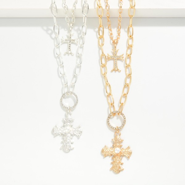 Layered Cross Necklace with a fine chain holding a sparkling cross pendant over a chunky paperclip chain finished with a front toggle closure. The two strands come already layered for an instant stacked look, with an extender for easy sizing. Perfect for Christmas, Easter, church and everyday faith style. A trend right mix of chunky and delicate that boutique shoppers love.