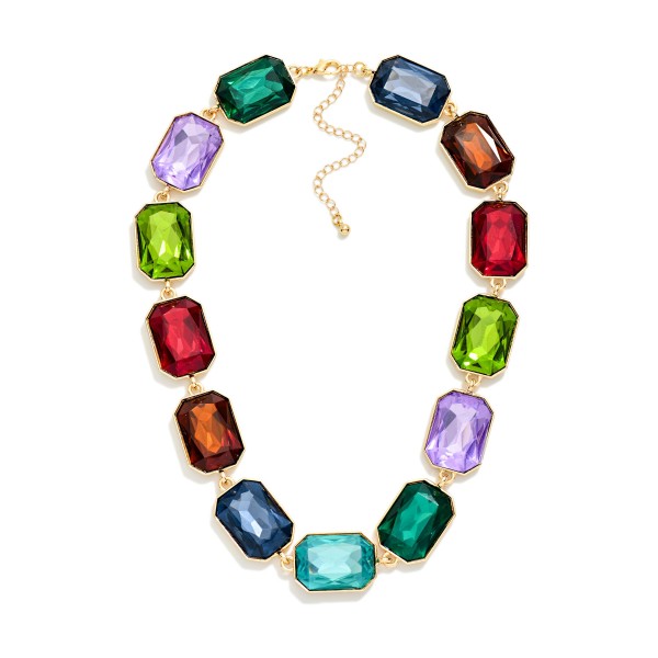 Emerald Cut Crystal Statement Necklace made of oversized faceted stones linked stone to stone in polished prong settings. The bold collar silhouette sits right at the neckline and finishes with a lobster clasp and extender. A showstopper for holiday parties, galas, weddings and New Year's Eve. Big glam at an approachable price, perfect for front table displays that stop shoppers in their tracks.