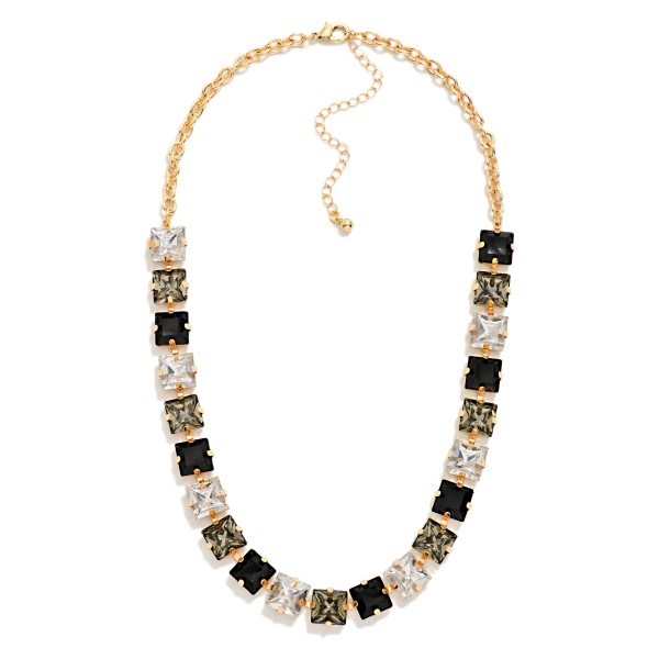 Square Crystal Statement Necklace with cushion cut stones set edge to edge with sparkling rhinestone accents along a polished link chain. The tailored square shape gives a vintage inspired look that sits right at the collarbone, with an extender for an easy fit. Perfect for holiday events, office parties, church and evenings out. A timeless glam piece buyers reorder season after season.