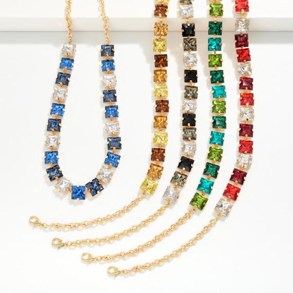 Square Crystal Statement Necklace with cushion cut stones set edge to edge with sparkling rhinestone accents along a polished link chain. The tailored square shape gives a vintage inspired look that sits right at the collarbone, with an extender for an easy fit. Perfect for holiday events, office parties, church and evenings out. A timeless glam piece buyers reorder season after season.