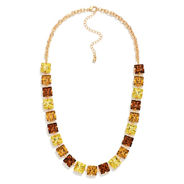 Square Crystal Statement Necklace with cushion cut stones set edge to edge with sparkling rhinestone accents along a polished link chain. The tailored square shape gives a vintage inspired look that sits right at the collarbone, with an extender for an easy fit. Perfect for holiday events, office parties, church and evenings out. A timeless glam piece buyers reorder season after season.