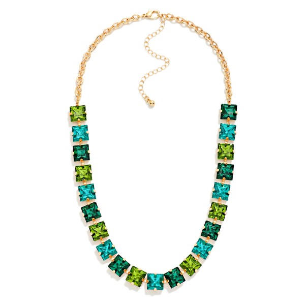 Square Crystal Statement Necklace with cushion cut stones set edge to edge with sparkling rhinestone accents along a polished link chain. The tailored square shape gives a vintage inspired look that sits right at the collarbone, with an extender for an easy fit. Perfect for holiday events, office parties, church and evenings out. A timeless glam piece buyers reorder season after season.