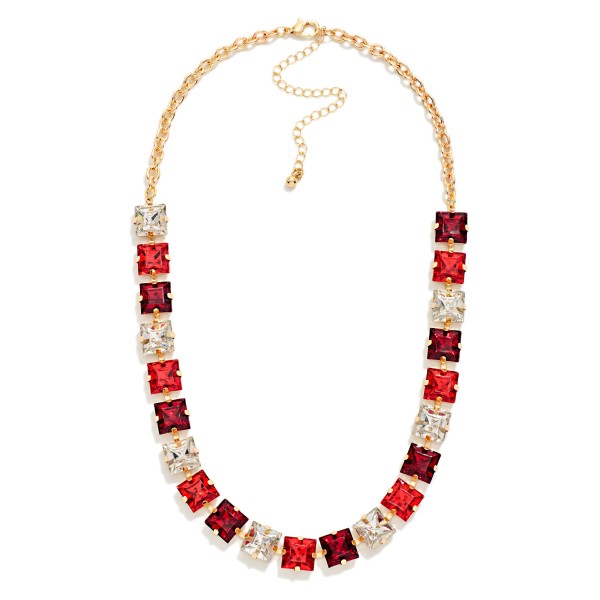 Square Crystal Statement Necklace with cushion cut stones set edge to edge with sparkling rhinestone accents along a polished link chain. The tailored square shape gives a vintage inspired look that sits right at the collarbone, with an extender for an easy fit. Perfect for holiday events, office parties, church and evenings out. A timeless glam piece buyers reorder season after season.
