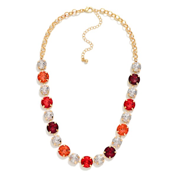 Crystal Statement Necklace with round faceted stones set in polished bezels and alternated with sparkling rhinestone accents on a classic link chain. It sits at the collarbone with an adjustable extender, so it frames any neckline from crew to V neck. A favorite for holiday parties, weddings, date nights and dressing up a simple sweater. Bold sparkle at an easy price point makes it a reliable seller for any boutique jewelry wall.