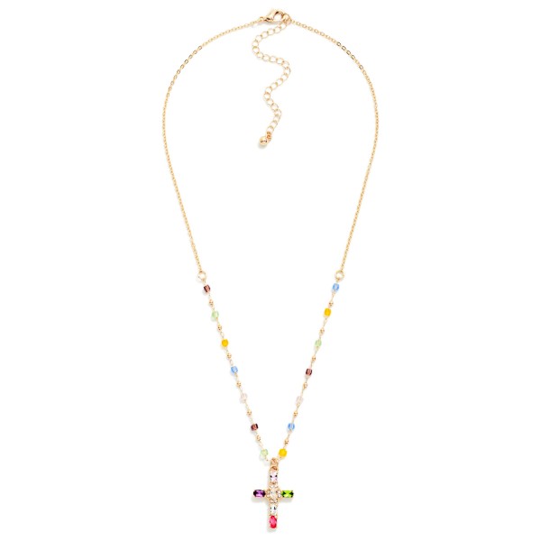 Dainty Beaded Station Cross Necklace featuring a fine chain dotted with tiny faceted bead stations and finished with a small stone accented cross pendant. Delicate and easy to layer, it adds a meaningful touch to everyday outfits. Lobster clasp closure with an extender chain. A sweet gift for baptisms, confirmations, and birthdays at an approachable price point.