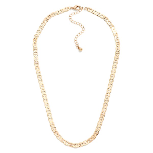 Flat Link Chain Necklace featuring a sleek, shimmering chain with flat, interlocking links that reflect the light. The polished finish feels elevated while staying easy to wear every day. Lobster clasp closure with an extender chain. A versatile layering chain that pairs with pendants or stands alone for a clean, modern look.