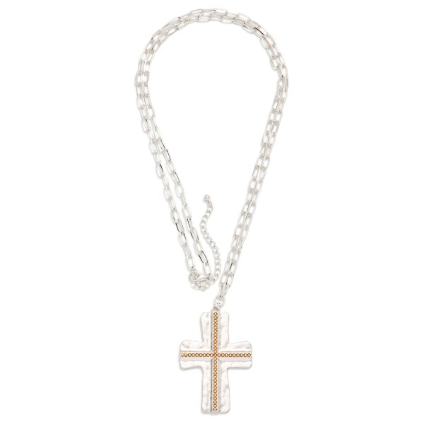 Chunky Chain Cross Pendant Necklace pairing a bold cable chain with a hammered cross pendant and a beaded inlay in a contrasting metal tone. The heavier chain gives this faith piece a confident, modern edge that layers well with dainty necklaces. Finished with a lobster clasp and extender. A standout for customers who want their cross necklace to make more of a statement.