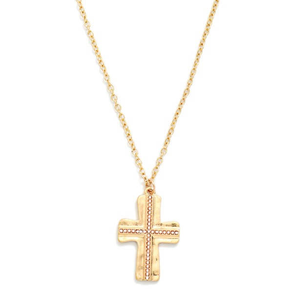Textured Cross Pendant Necklace with a hammered cross pendant accented by a beaded inlay in a contrasting metal tone. The mixed metal detail adds depth and makes the piece easy to wear with any jewelry collection. Finished on a fine chain with a lobster clasp and extender. A thoughtful faith gift for baptisms, Easter, and Christmas, and a reliable year round seller for boutiques.