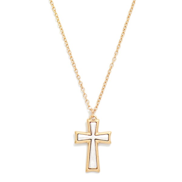 Mixed Metal Cross Pendant Necklace with a framed cross pendant featuring a contrasting brushed metal inlay. The mixed metal finish makes it easy to pair with any jewelry a customer already owns. Hung on a fine chain with a lobster clasp and extender. A meaningful everyday piece and a natural gift for baptisms, confirmations, Mother's Day, and the holidays.