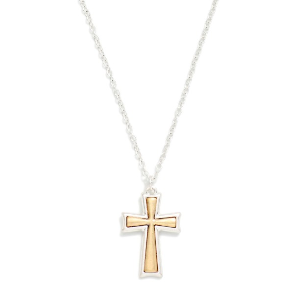 Mixed Metal Cross Pendant Necklace with a framed cross pendant featuring a contrasting brushed metal inlay. The mixed metal finish makes it easy to pair with any jewelry a customer already owns. Hung on a fine chain with a lobster clasp and extender. A meaningful everyday piece and a natural gift for baptisms, confirmations, Mother's Day, and the holidays.