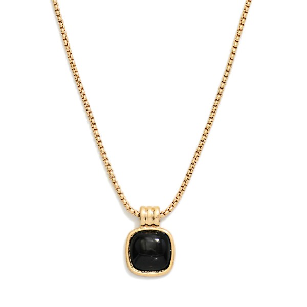 Square Stone Pendant Necklace with a single cushion cut cabochon stone set in a framed bezel on a fine box chain. Simple, polished, and easy to layer, it adds interest without overpowering an outfit. Finished with a lobster clasp and extender. Offered in several stone options, it makes a thoughtful gift and coordinates with the matching square stone earrings and bracelets in the same collection.