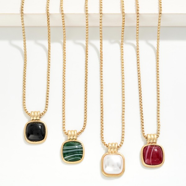 Square Stone Pendant Necklace with a single cushion cut cabochon stone set in a framed bezel on a fine box chain. Simple, polished, and easy to layer, it adds interest without overpowering an outfit. Finished with a lobster clasp and extender. Offered in several stone options, it makes a thoughtful gift and coordinates with the matching square stone earrings and bracelets in the same collection.