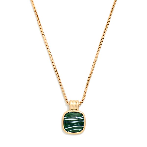 Square Stone Pendant Necklace with a single cushion cut cabochon stone set in a framed bezel on a fine box chain. Simple, polished, and easy to layer, it adds interest without overpowering an outfit. Finished with a lobster clasp and extender. Offered in several stone options, it makes a thoughtful gift and coordinates with the matching square stone earrings and bracelets in the same collection.