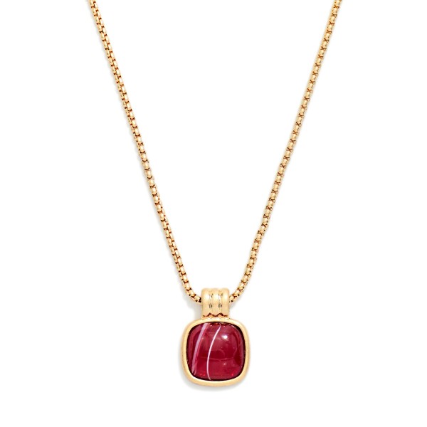 Square Stone Pendant Necklace with a single cushion cut cabochon stone set in a framed bezel on a fine box chain. Simple, polished, and easy to layer, it adds interest without overpowering an outfit. Finished with a lobster clasp and extender. Offered in several stone options, it makes a thoughtful gift and coordinates with the matching square stone earrings and bracelets in the same collection.