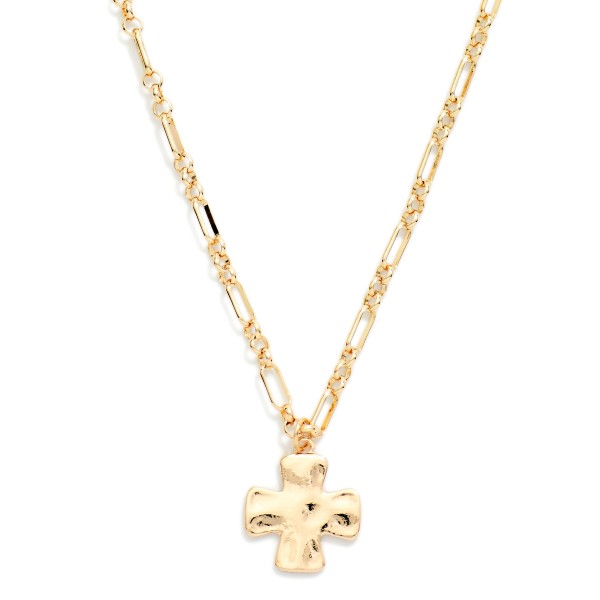 Molten Cross Pendant Necklace with a puffy, organic cross pendant that has a hand formed, melted metal look. The textured pendant hangs from a mixed link chain finished with a lobster clasp and extender for an adjustable length. A modern take on faith jewelry that works for everyday wear, Sunday services, baptisms, and Easter gifting. Cross styles sell steadily year round, and this sculptural version gives your display something fresh.
