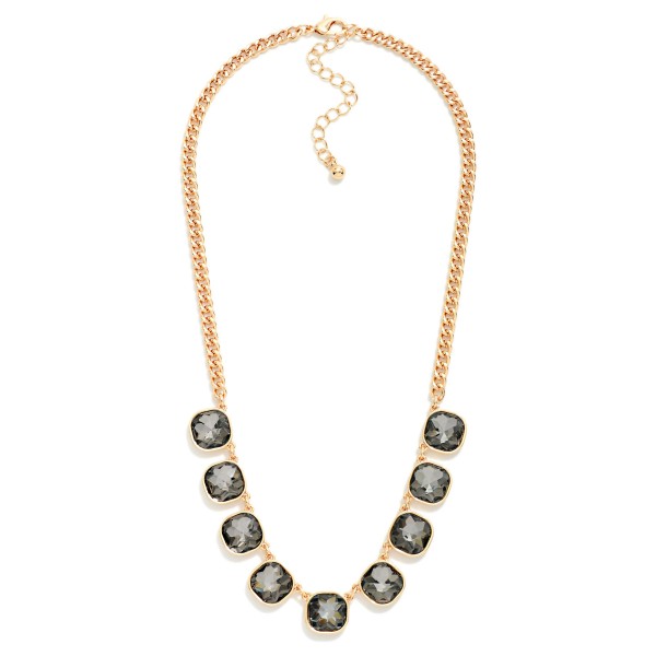 Cushion Cut Crystal Station Necklace featuring a row of faceted glass stones set in polished bezels along a classic curb chain. The stones catch light from every angle, adding just the right amount of sparkle to everyday outfits, holiday parties, and date nights. An adjustable extender lets it sit at the collarbone or slightly lower for layering. Sparkling stone necklaces are a perennial bestseller, and this one offers a polished, giftable look at an easy price point.