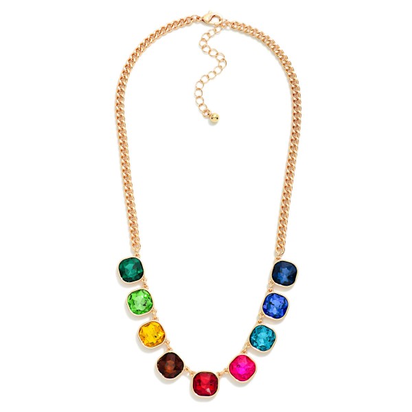 Cushion Cut Crystal Station Necklace featuring a row of faceted glass stones set in polished bezels along a classic curb chain. The stones catch light from every angle, adding just the right amount of sparkle to everyday outfits, holiday parties, and date nights. An adjustable extender lets it sit at the collarbone or slightly lower for layering. Sparkling stone necklaces are a perennial bestseller, and this one offers a polished, giftable look at an easy price point.