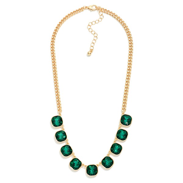 Cushion Cut Crystal Station Necklace featuring a row of faceted glass stones set in polished bezels along a classic curb chain. The stones catch light from every angle, adding just the right amount of sparkle to everyday outfits, holiday parties, and date nights. An adjustable extender lets it sit at the collarbone or slightly lower for layering. Sparkling stone necklaces are a perennial bestseller, and this one offers a polished, giftable look at an easy price point.
