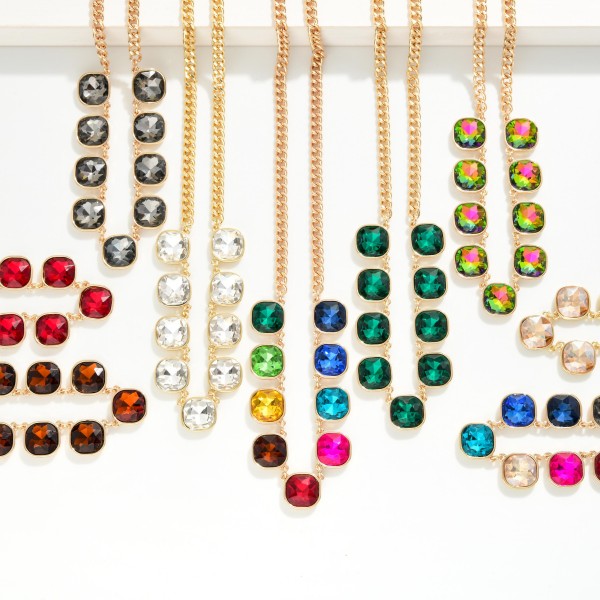 Cushion Cut Crystal Station Necklace featuring a row of faceted glass stones set in polished bezels along a classic curb chain. The stones catch light from every angle, adding just the right amount of sparkle to everyday outfits, holiday parties, and date nights. An adjustable extender lets it sit at the collarbone or slightly lower for layering. Sparkling stone necklaces are a perennial bestseller, and this one offers a polished, giftable look at an easy price point.