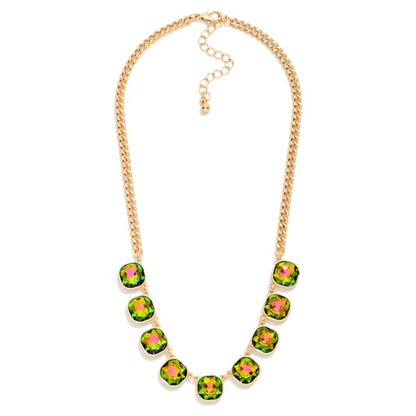Cushion Cut Crystal Station Necklace featuring a row of faceted glass stones set in polished bezels along a classic curb chain. The stones catch light from every angle, adding just the right amount of sparkle to everyday outfits, holiday parties, and date nights. An adjustable extender lets it sit at the collarbone or slightly lower for layering. Sparkling stone necklaces are a perennial bestseller, and this one offers a polished, giftable look at an easy price point.