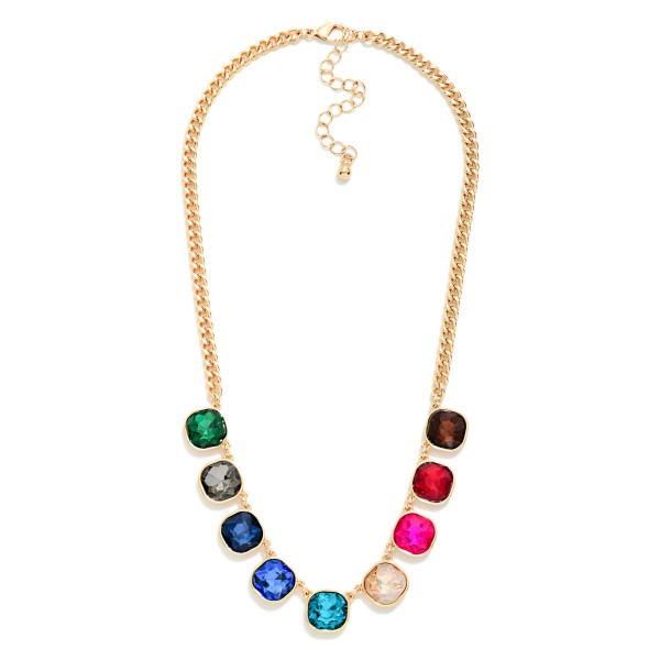 Cushion Cut Crystal Station Necklace featuring a row of faceted glass stones set in polished bezels along a classic curb chain. The stones catch light from every angle, adding just the right amount of sparkle to everyday outfits, holiday parties, and date nights. An adjustable extender lets it sit at the collarbone or slightly lower for layering. Sparkling stone necklaces are a perennial bestseller, and this one offers a polished, giftable look at an easy price point.