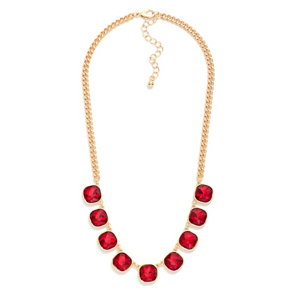 Cushion Cut Crystal Station Necklace featuring a row of faceted glass stones set in polished bezels along a classic curb chain. The stones catch light from every angle, adding just the right amount of sparkle to everyday outfits, holiday parties, and date nights. An adjustable extender lets it sit at the collarbone or slightly lower for layering. Sparkling stone necklaces are a perennial bestseller, and this one offers a polished, giftable look at an easy price point.
