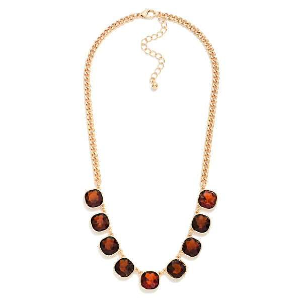 Cushion Cut Crystal Station Necklace featuring a row of faceted glass stones set in polished bezels along a classic curb chain. The stones catch light from every angle, adding just the right amount of sparkle to everyday outfits, holiday parties, and date nights. An adjustable extender lets it sit at the collarbone or slightly lower for layering. Sparkling stone necklaces are a perennial bestseller, and this one offers a polished, giftable look at an easy price point.