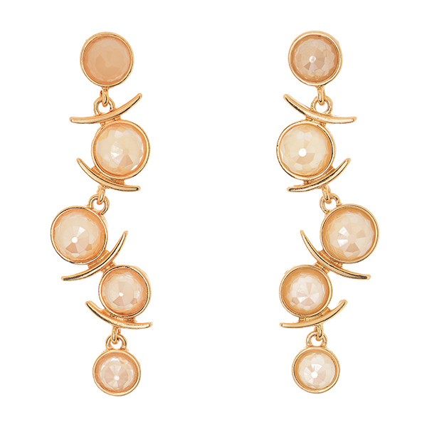 2 1/2" Gold tone post style earrings featuring a faceted cream cabochon decor.