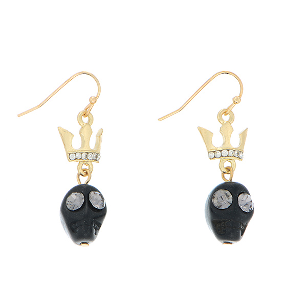 1.5" gold tone earrings featuring a crown accented with rhinestones and black skull with clear rhinestone eyes.