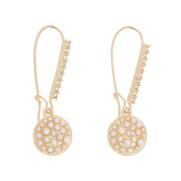 1 1/2" Gold tone fishhook back latch style earrings featuring ivory pearl tone cabochons accented by crystal clear rhinestones.