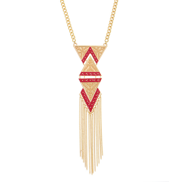 Wholesale gold chain link necklace aztec pendant red enamel chain link fringe