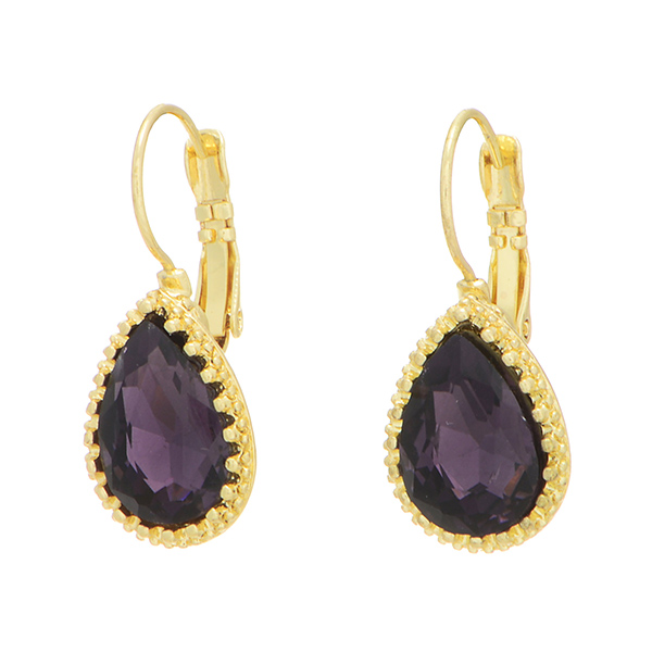 1 1/4" Gold tone french clip style earrings featuring a teardrop shaped amethyst rhinestone.