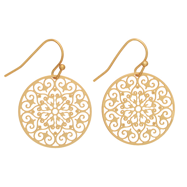 Wholesale matte gold fishhook earrings disk cutout filigree