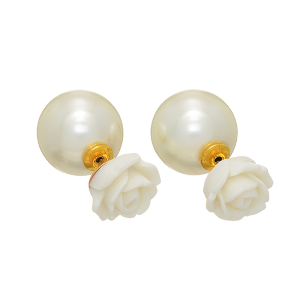 Wholesale gold double sided earrings ivory rose front faux pearl back