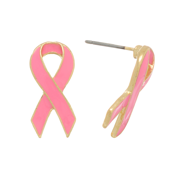 Gold tone post earrings featuring a pink breast cancer awareness ribbon. Approximately 11/16" in length.
