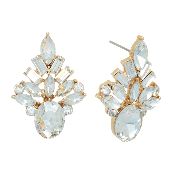 Gold tone post earrings featuring multiple shaped clear cabochons. Approximately 1 1/16" in length.