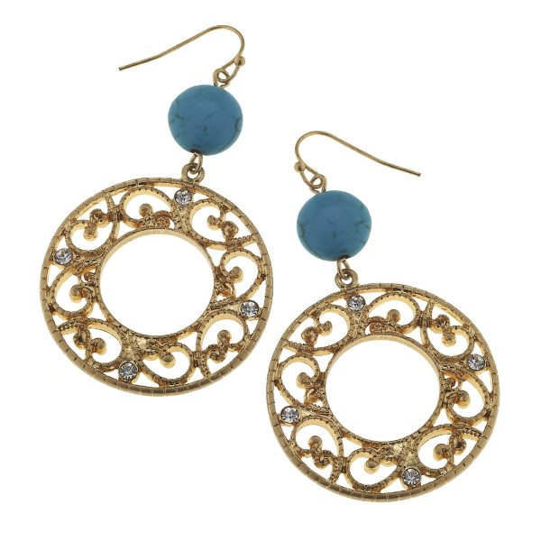 Wholesale worn gold fishhook earrings turquoise bead hanging filigree ring