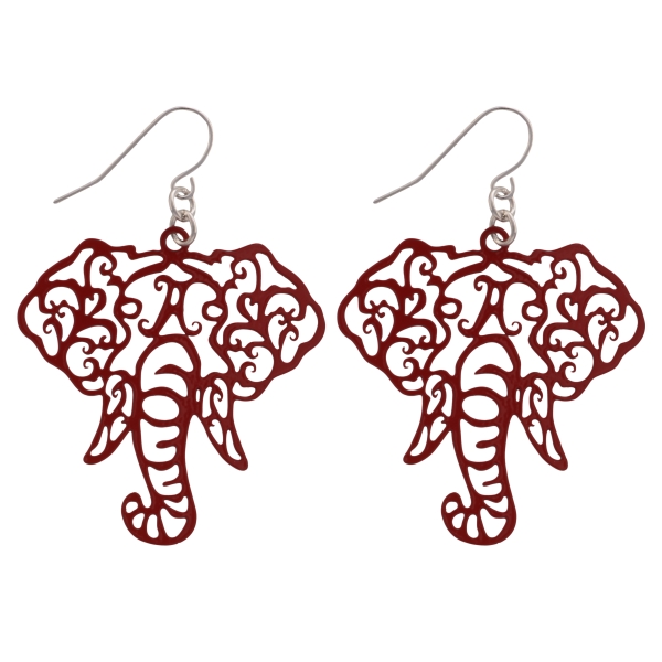 Crimson tone fishhook earrings featuring a cutout elephant head. Approximately 1 1/2" in length.
