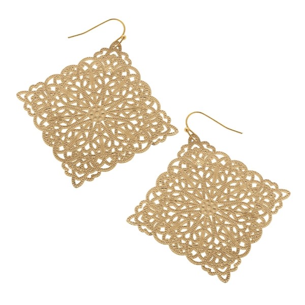 Matte gold tone diamond filigree earrings. Approximately 2 1/4" in length.