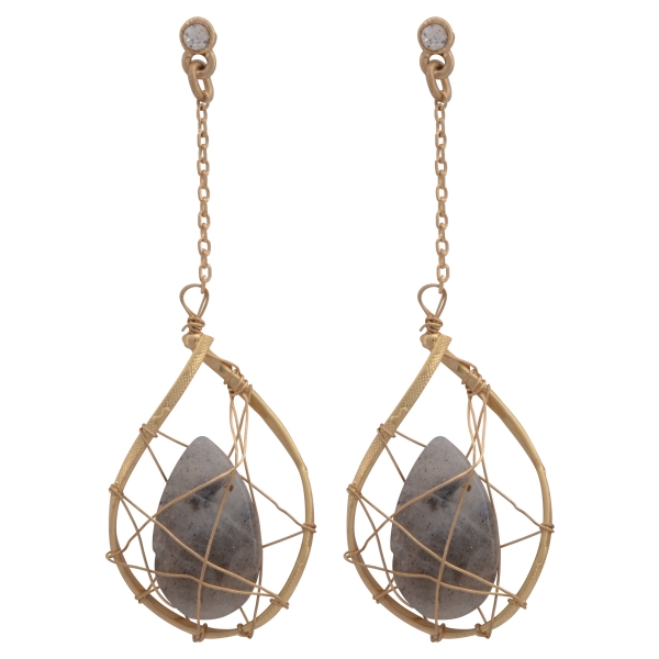 Gold tone post earrings featuring a hanging wire wrapped casting with a teardrop shape labradorite stone. Approximately 2 1/4" in length.