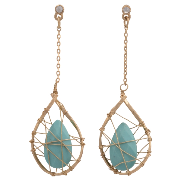 Gold tone post earrings featuring a hanging wire wrapped casting with a teardrop shape turquoise stone. Approximately 2 1/4" in length.