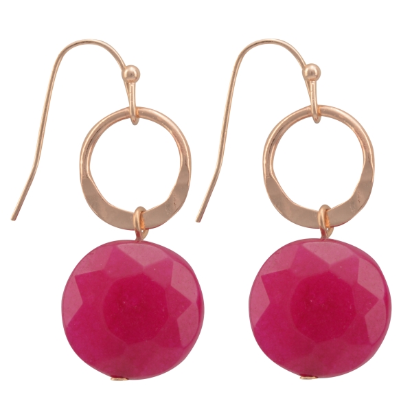 Gold tone fishhook earrings featuring a hammered ring with a hanging fuchsia natural stone. Approximately 1 1/16" in length.