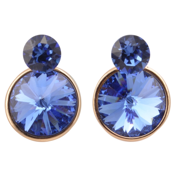 Gold tone ear jacket earrings featuring two blue rhinestones. Approximately 9/16" in length.